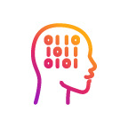 Flat artwork icon of a human with a binary brain, indicating AI
