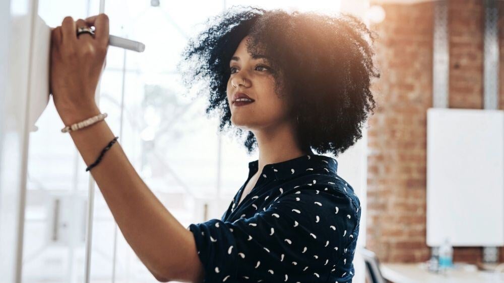 Intelligent CX planner writes on a whiteboard her plans for 2025